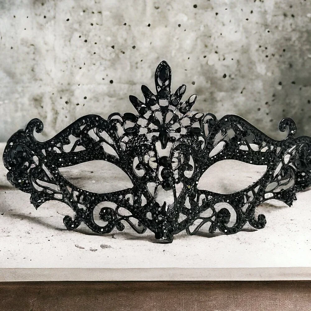 Men's Masquerade Mask, Black Crystal Mask, Gothic Halloween Mask, Party Mask